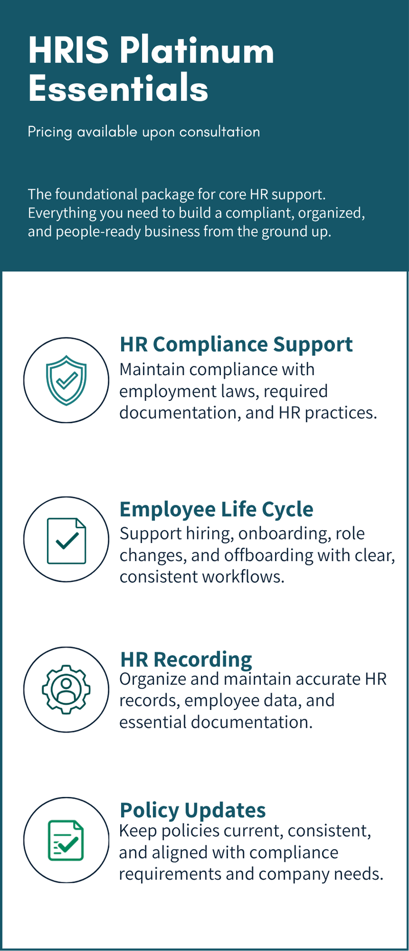 Essentials retainer: HR compliance, employee lifecycle, HR recordkeeping, and policy updates.