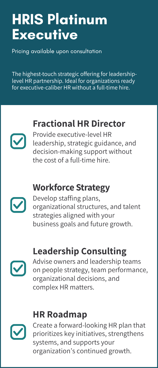 Executive retainer: fractional HR director, workforce strategy, leadership consulting, and an HR roadmap.